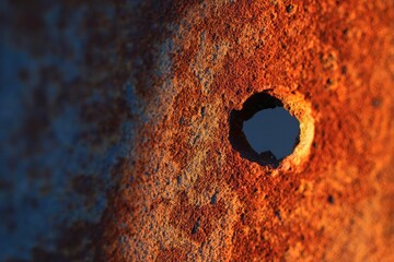 Close-up of a heavily rusted metal surface with a circular hole, orange rust glowing around the edge. Concept Rust texture close-up, Circular hole, Orange rust glow, Industrial metal detail
