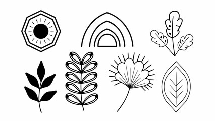 Collection of botanical illustrations featuring leaves and flowers in a minimalist style