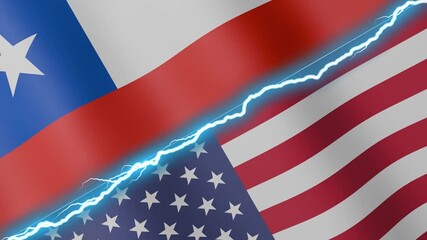 Two waving flags Chile and United States with diagonal lightning 4k loop - Powered by Adobe