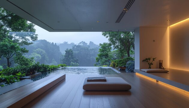 Serene spa room interior design, nature view, relaxation concept, minimalism style, peaceful, elegant, zen atmosphere, wellness center, vacation