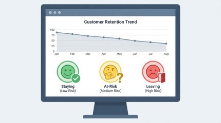 Customer retention trend analysis on computer screen Business intelligence dashboard, monitoring, data visualization, analytics, statistics, decline