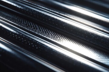 Close-up of a glossy, ribbed metal surface with bright reflections along the curved ridges. Concept Macro Photography, Glossy Metal Texture, Ribbed Surface, Bright Reflections, Curved Ridges