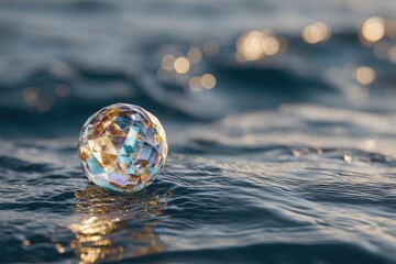 Faceted crystal ball resting on rippling blue water, catching sunlight and scattering rainbow reflections. Concept Faceted crystal ball, Rippling blue water, Sunlight reflections, Rainbow dispersion