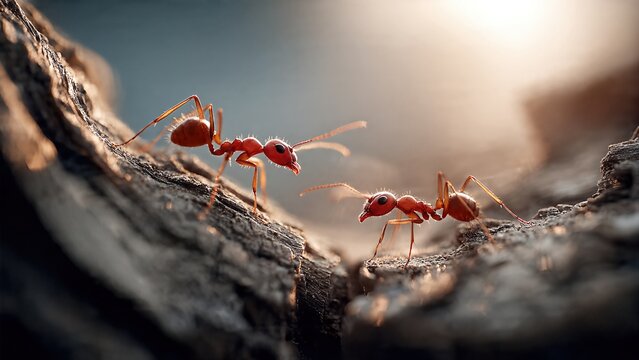 Close-up of two ants communicating in a narrow cave