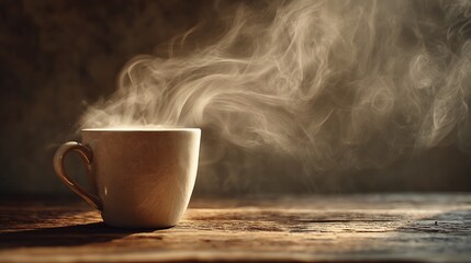 Steaming coffee mug on rustic wooden table