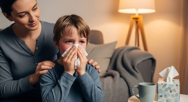 A caring mother comforts her young son who is blowing his nose with a tissue while feeling unwell at home.