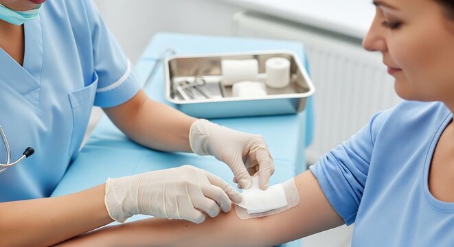 A nurse in blue scrubs and white gloves carefully applies a bandage to a patient's arm.