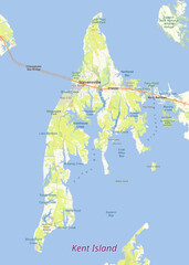 Map of Kent Island, Maryland, surrounded by blue water. The island is green and beige, indicating land cover and vegetation.