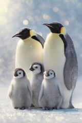Obraz premium Emperor penguins with three fluffy chicks standing on snow-covered Antarctic ice. Concept Emperor penguins, three fluffy chicks, Antarctic ice, snow-covered landscape, wildlife photography