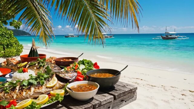 A video showcasing a delicious spread of food on a beachside table with a stunning ocean view in the background
