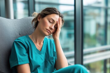 Tired Female Nurse in Green Scrubs Resting with Eyes Closed by a Window