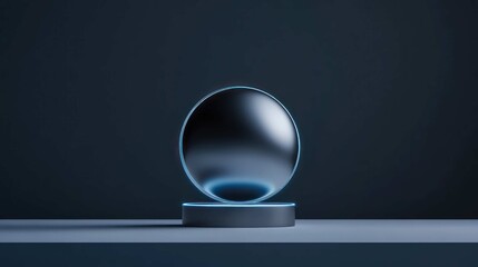 perfectly spherical object made of brushed, dark tungsten, levitating slightly above a polished surface, with a single, thin line of blue light slowly circling it, minimalist, sophisticated, 