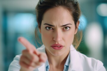 Serious Female Doctor Pointing Her Finger Sternly at the Camera