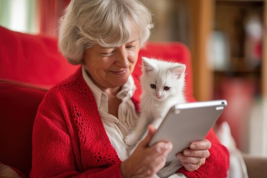 Happy Senior Woman in a Red Cardigan with Her White Kitten and a Tablet - Powered by Adobe