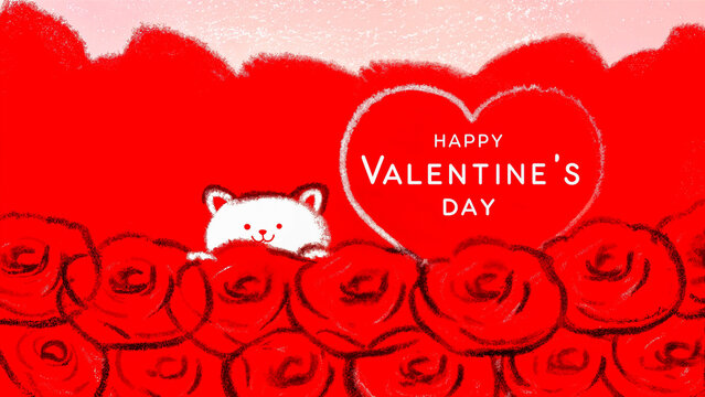 Valentinstag Gru&szlig;karte mit Herz und Rosen, s&uuml;&szlig;er wei&szlig;er B&auml;r, rote handgezeichnete Illustration