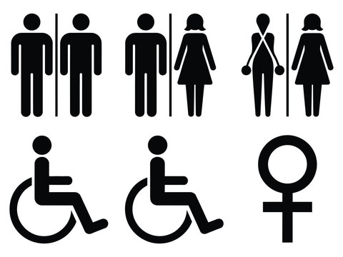 a collection of gender and accessibility icons in black and white minimalist vector style, suitable for signage, Inclusivity design, public spaces, web applications, and educational materials.