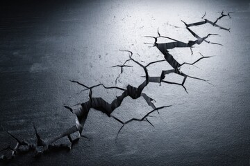 Dark Cracked Asphalt with Deep Crevices Reflecting Dramatic Lighting.