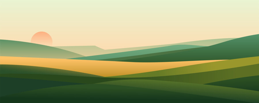 Beautiful green and yellow meadows, fields, hills, and natural landscapes at sunset or sunrise. Landscape of hills and meadows at sunset. Vector nature landscape illustration for background.