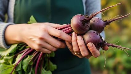 Person holding fresh organic beetroot harvest.