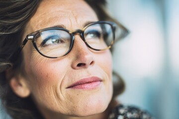 Thoughtful Mature Woman with Glasses Looking Upwards in Contemplation.