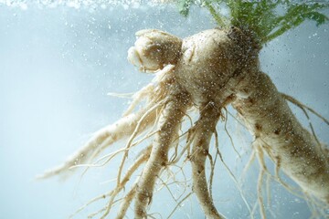 A plant root ball with long tangled roots submerged in water, with bubbles on the glass. Concept Submerged root ball with tangled roots, Bubbles on glass and water reflections