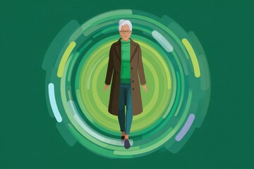 Trendy Senior Fashion: Stylish Elderly Woman in Green and Brown Outfit.