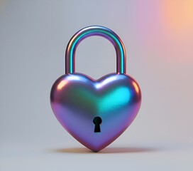 Iridescent holographic shiny heart, Metallic heart-shaped padlock symbolizing digital security and love