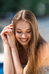Radiant Woman With Jewelry Smiling, Closeup Of Happy Woman Showing Delicate Jewelry And Bright Smile
