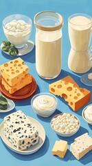 A variety of dairy products and cheeses on a blue background demonstrate abundance, ideal for advertising gastronomic goods.