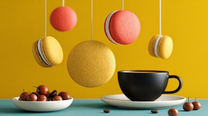 Vibrant yellow background featuring hanging macarons and coffee cups, with a plate of coffee beans, creating a delightful and inviting atmosphere for food lovers and dessert enthusiasts