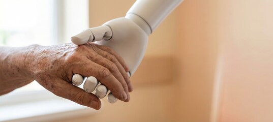 Senior adults wrinkled hand being held by a robotic hand, symbolizing care, technology, and the future of healthcare