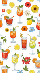 Summer Cocktails Seamless Vector Pattern with Flowers and Lemons. Cute Modern Italian Dolce Vita Design for Fabric.