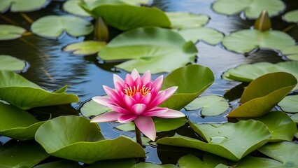 Pink lotus flower in green pond.