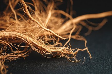 Close-up of tangled dried plant roots, golden-brown fibers spread across a dark surface. Concept Close-up macro photography, Dried plant roots, Golden-brown fibers, Textured dark surface
