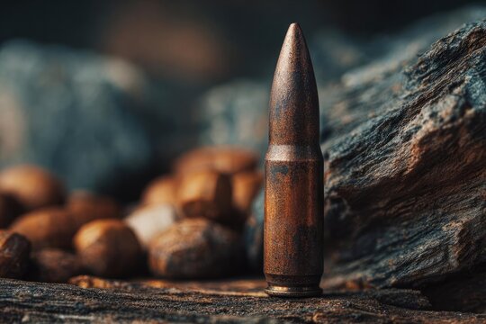 A single rusted ammunition cartridge standing upright on a rocky surface. Concept Rusted ammo cartridge on rock, Weathered shell in rugged terrain, Military relic in nature, Close-up rust texture