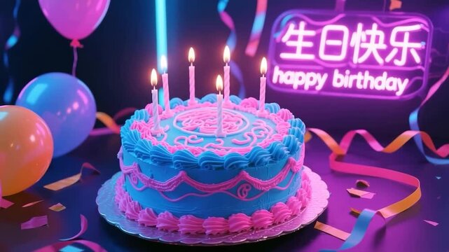 A happy birthday cake decorated with pink icing, sweet chocolate cream, and a lit candle serves as a festive dessert for a celebration party or anniversary bakery illustration