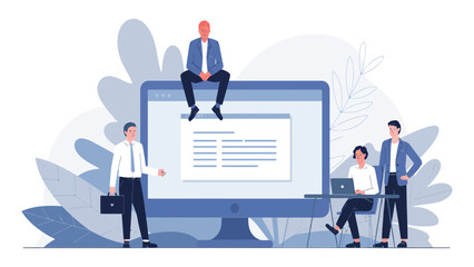 A group of business professionals working together on a large computer screen in a modern office setting.