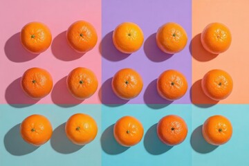 Twelve oranges arranged in a 3-by-4 grid on bright pastel color blocks. Concept Oranges, 3x4 grid, pastel color blocks, bright photography, food arrangement