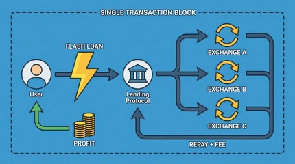 Flash loan process diagram, fintech, decentralized finance, DeFi, user borrowing protocol, exchange, repair fee, profit, digital, graphic