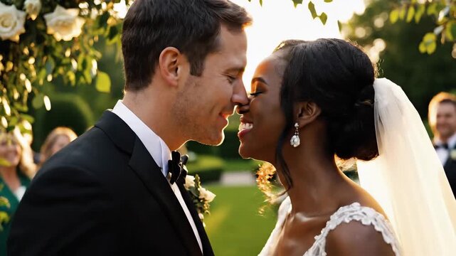 Bride and groom sharing a tender kiss during their outdoor wedding ceremony bathed in golden sunlight