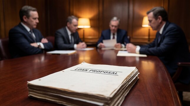 Loan Proposal Document on Wooden Table with Business Meeting in Background