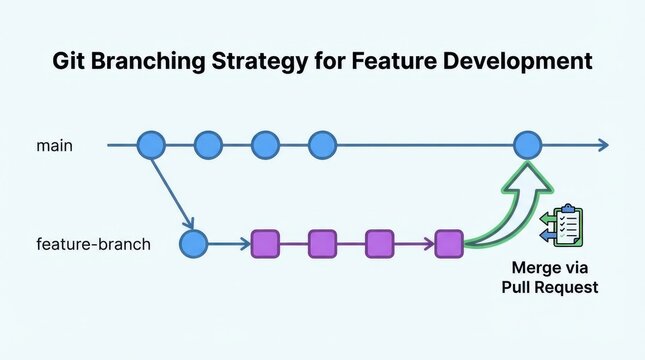 Diagram visualizing Git branching strategy for feature development with pull requests, clean modern design, workflow optimization in software context.