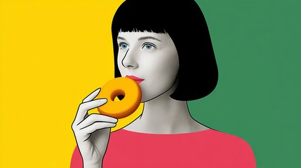 Woman enjoying a vibrant donut in a colorful flat illustration style, showcasing playful colors and minimalistic design, perfect for food-themed projects and creative marketing materials