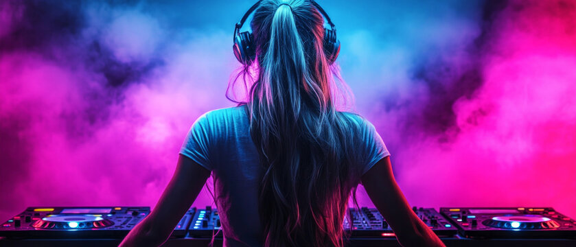 A female DJ behind the decks in a brightly lit club conveys the energy of nightlife &mdash; a fitting atmospheric backdrop for posters advertising music events and parties.