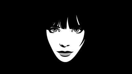 A minimalist black-and-white vector portrait of a woman with bangs and bold lips on a black background. Concept Minimalist vector portrait, Black-and-white illustration © Anastasiia