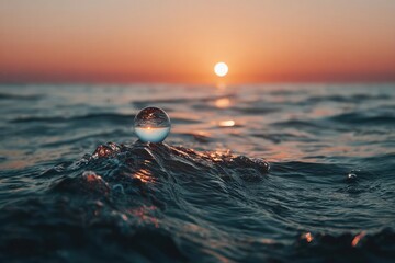 A glass marble sits on a rocky wave crest at sunset, reflecting the orange sun on the calm sea. Concept Glass marble, Sunset waves, Reflections on water, Rocky shoreline, Calm sea