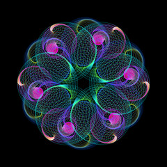 Beautiful geometric flower made from intertwined circles. Mathematical scientific drawing. Abstract background. Decoration of geometry elements. High tech digital technology. Hand drawn vector design