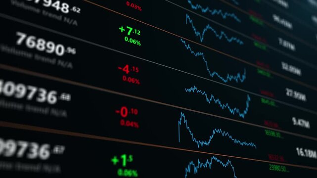 Stock screen digital display bit offer price value volume market cap trade exchange index future global economic stock financial increase analysis price digital market.