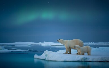 Polar bears under northern lights