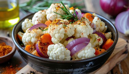 Roasted cauliflower with carrots, onions, and rosemary in a black bowl on a wooden board close up in bright light for food photography